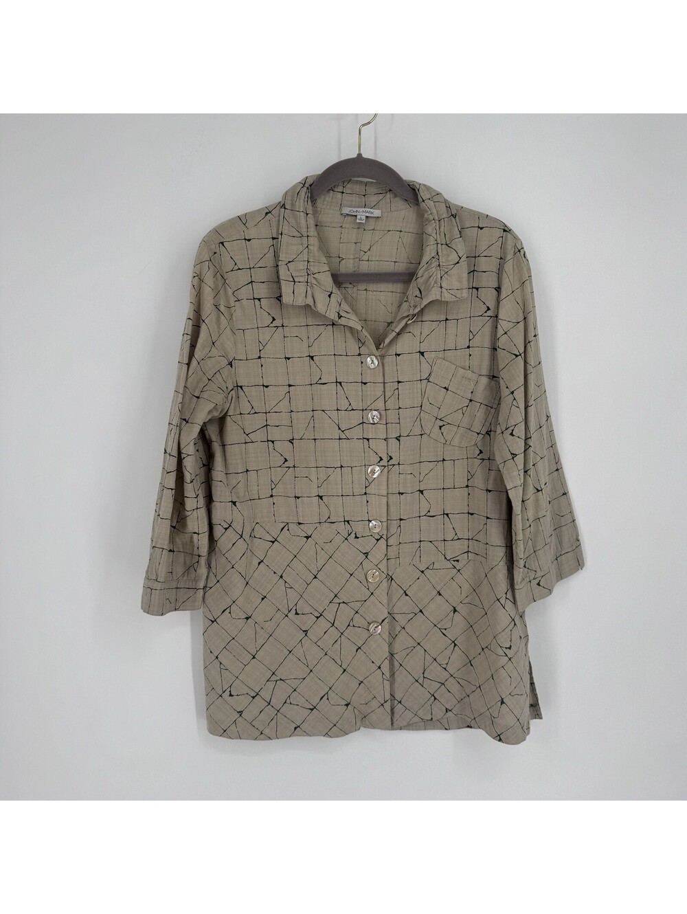 John Mark top larg L abstract crinkle cotton neutral beige artsy lagenlook boho